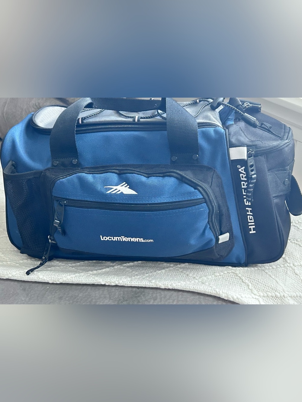 Blue and Black Duffel Bag with Side Pocket
